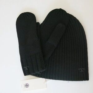 NWT Tory Burch Black Knit Wool Beanie and Mitten Set w Box